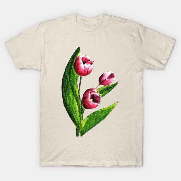 Pink Tulip Flowers Watercolor Painting T-Shirt by Ratna Arts